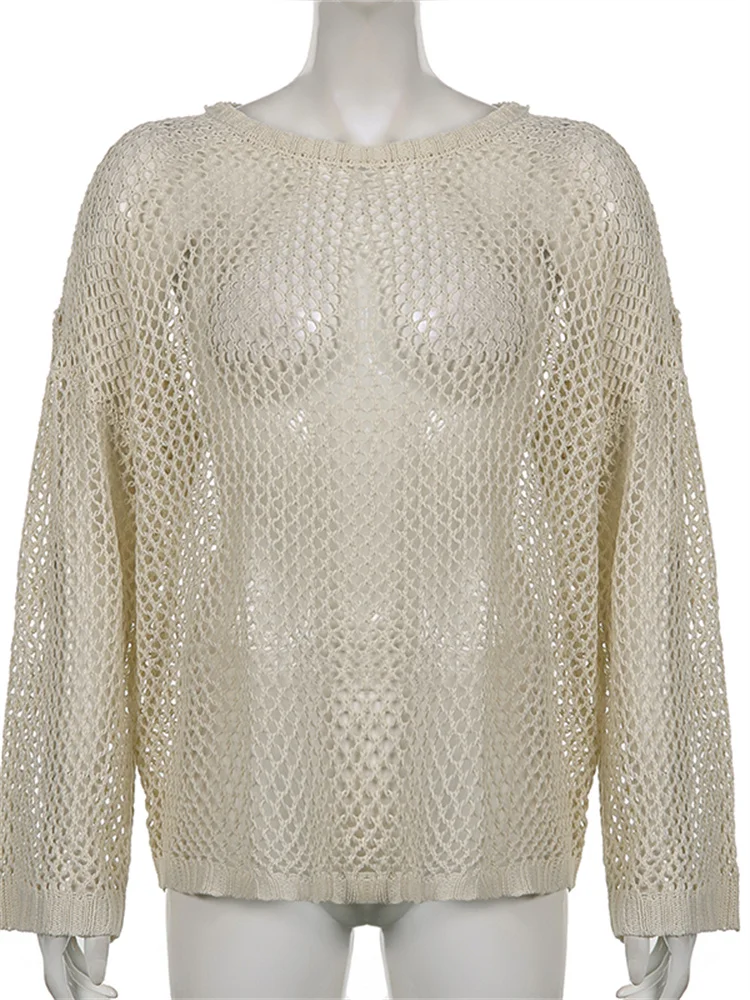 Y2K Harajuku Hollow Out Knit Pullovers Crewneck Autumn Vintage Fairycore Grunge Top Fashion Retro Smock Sweater Cuteandpsycho