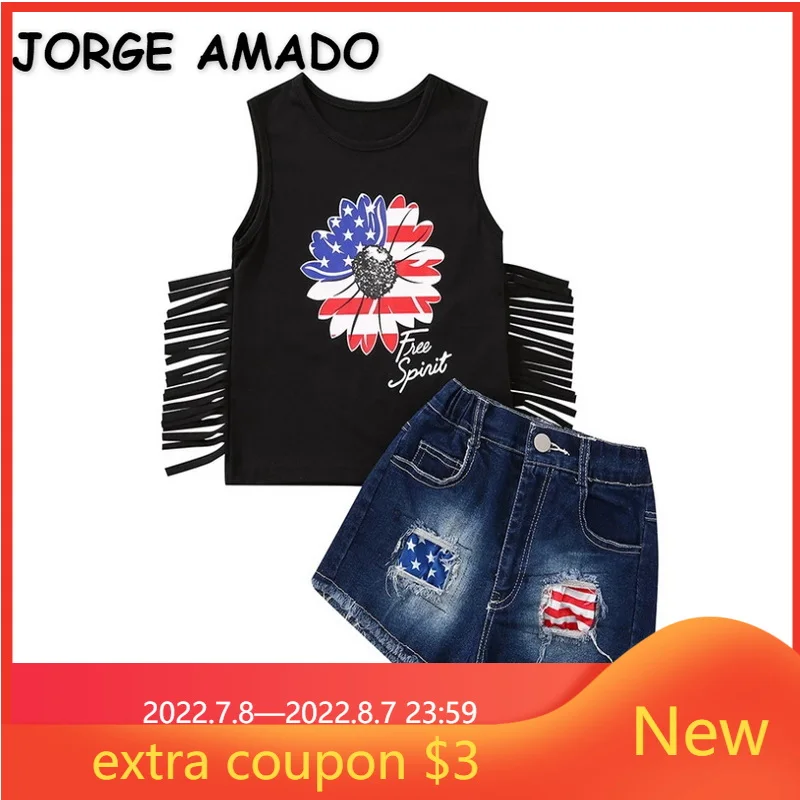 

New Summer Clothes for Baby Girl Sets Black Round Collar Tassels Sleeveless Vest+Dark Blue Denim Shorts Kids Clothing E1423