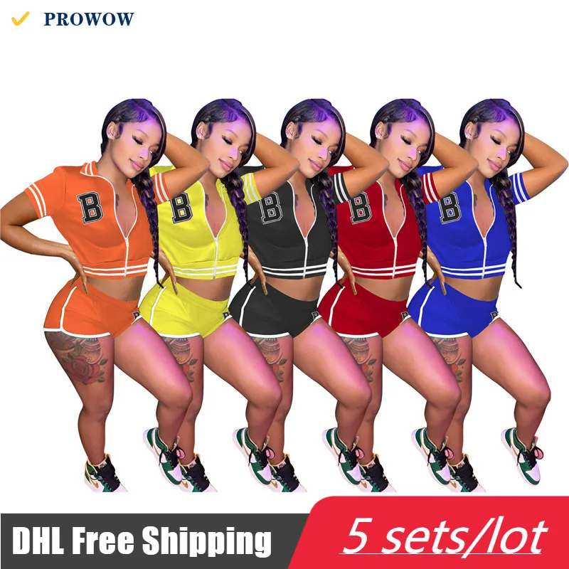 

PROWOW Print Letter Spliced Baseball Suit Two-piece Set ZIP Top Shorts Street Wear Outfits Wholesale Bulk Women's Tracksuit 7295