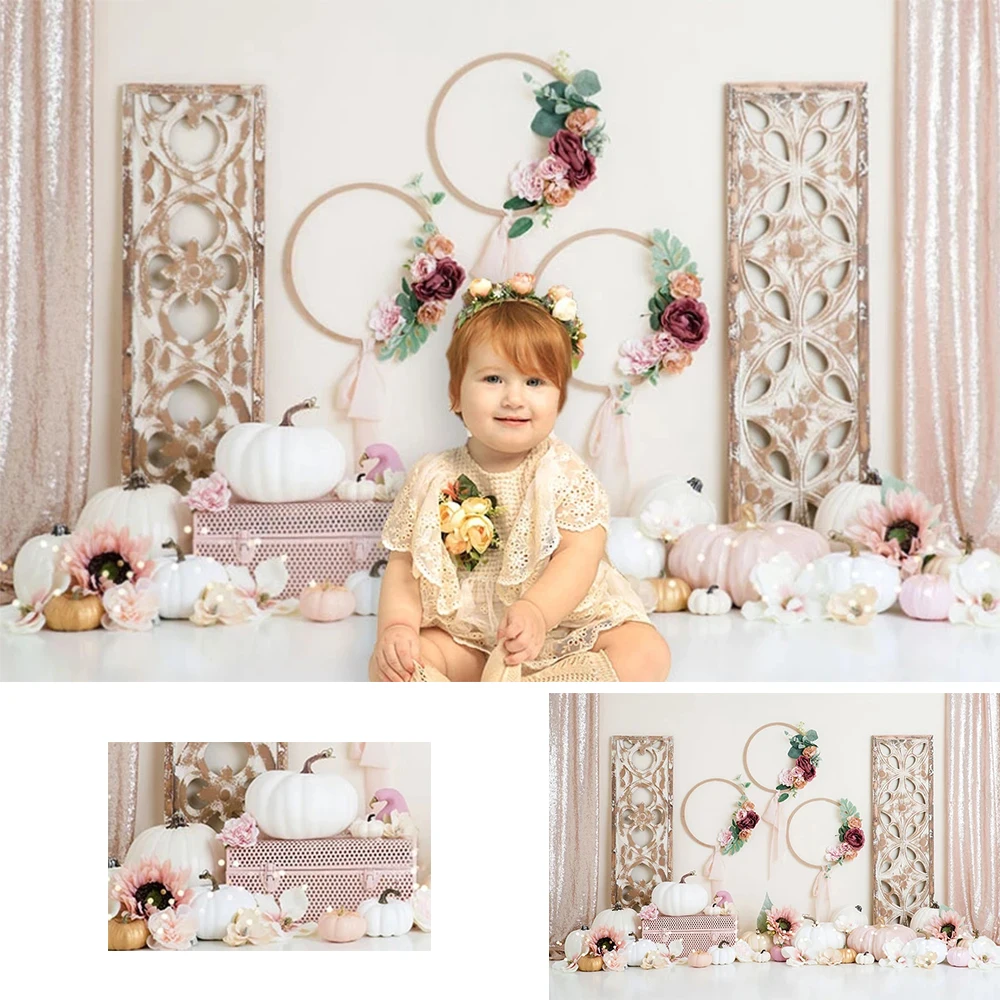 

Pumpkin Photography Background Princess Girl Birthday Party Pink Floral Wreath baby child Cake Smash Decor Backdrop Photo Studio