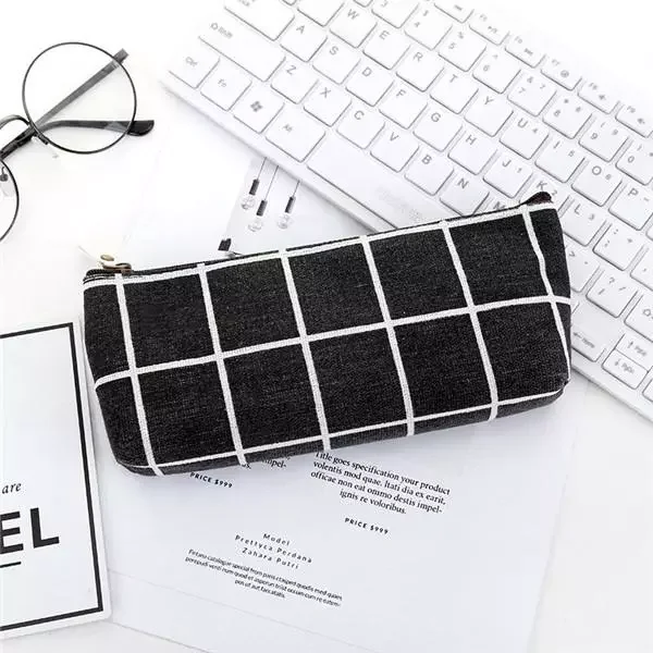 

Striped Grid Canvas Pencil Bag Case Pen Holder Organizer Pouch School Office Stationery Supplies Students Gifts
