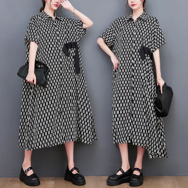 Черное и белое платье-рубашка в клетку стиле ретро с рукавами летучая мышь