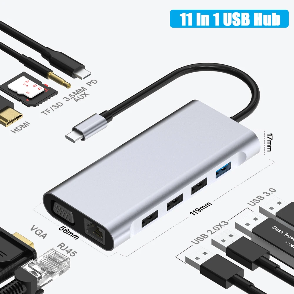 11 in 1 USB C HUB Type C Adapter to 4K HDMI-Compatible VGA RJ45 Lan Ethernet SD/TF AUX 11 Port Dock Station PC Laptop Splitter