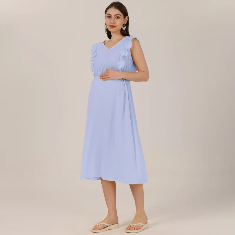 YUQIKL Women Summer Maternity Clothes Fashion Simplicity Cotton Solid V-Neck Sleeveless Nursing Pregnancy Dress Maternity Gown enlarge