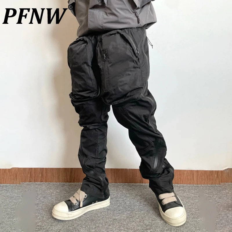 

PFNW Autumn Winter New Men's High Street Drawstring Multi Zippers Pockets Tide Straight Functional Casual Darkwear Pants 12A7114