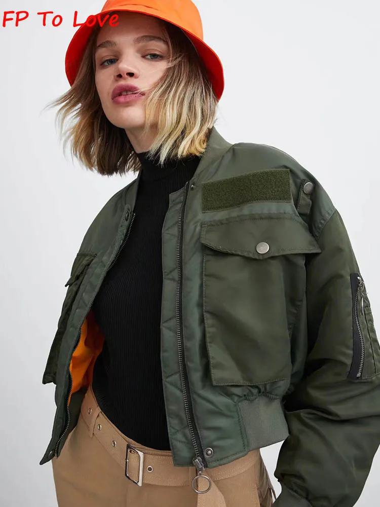 

ArmyGreen Bomber Jacket Short Winter Y2K Boyfriend Woman Coat Cotton Zipper Female Outwears High Wasit Stylish Chic Bloggers