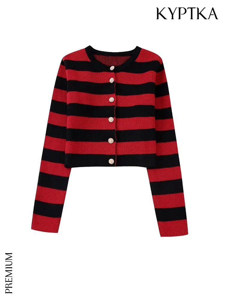 

Женский полосатый укороченный вязаный кардиган KYPTKA, винтажный свитер с длинным рукавом и золотыми пуговицами спереди, женская верхняя одеж...