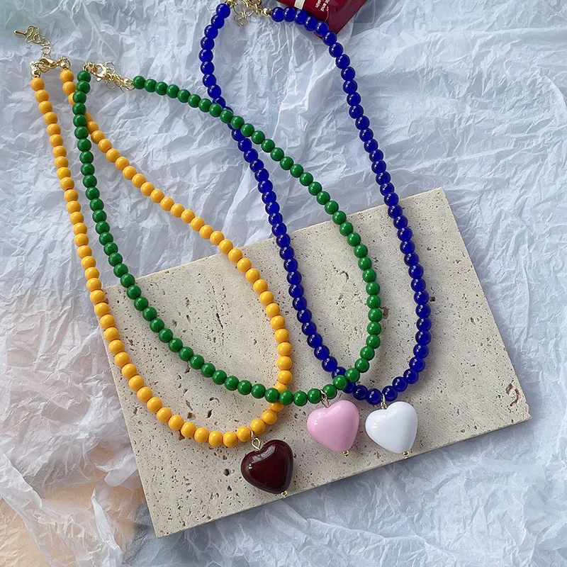 

ins Cute Rainbow Colorful Love Heart Pendant Necklace Kpop Seed Beaded Short Choker Necklaces Collar for Women Jewelry