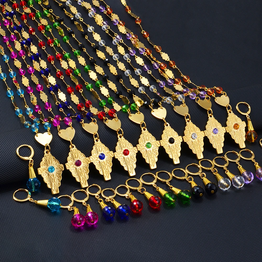 

Anniyo Hawaiian Jewelry sets Cross Pendant Necklaces Earrings Fashion Crystal Bead Ball Chains Guam Micronesia Chuuk #250106