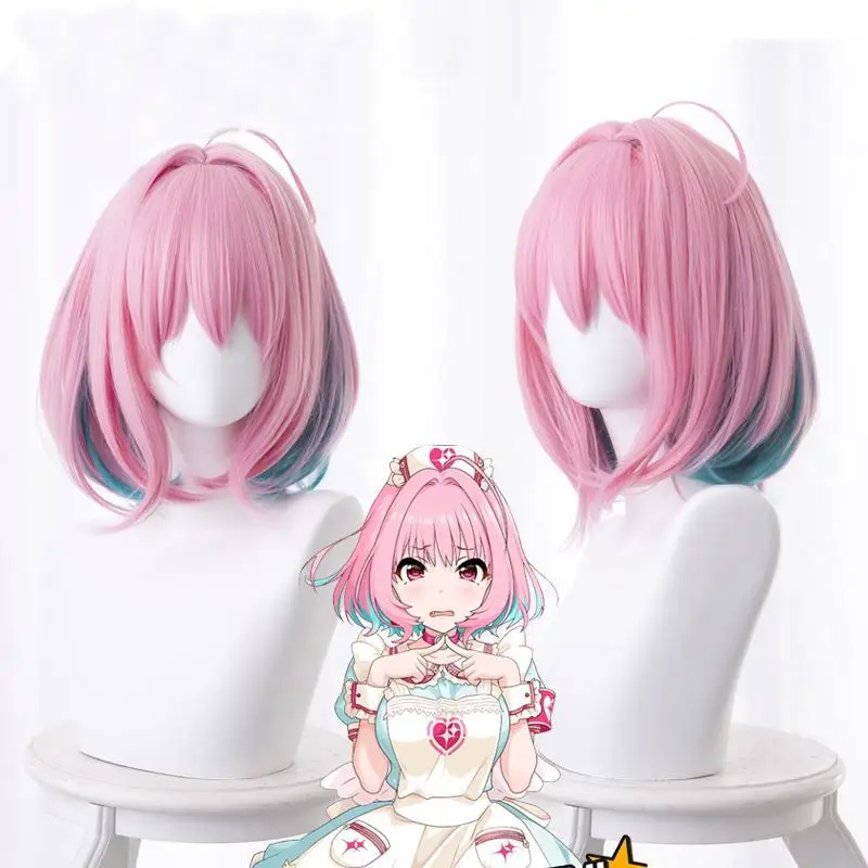 

Женский парик для косплея IDOLM Золушка юмеми риаму, с короткими прямыми синтетическими волосами из аниме игры, с розовым градиентом, зеленый