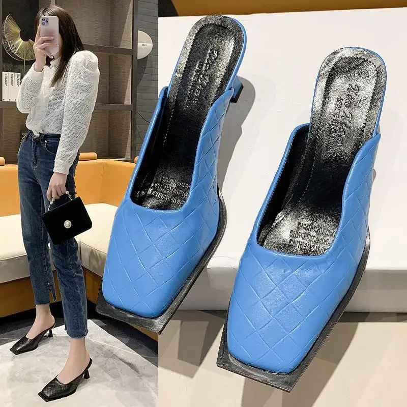 

Korean Version Of High Heels Suede Lazy Women's Shoes 22 Spring And Summer New Baotou Half Slippers Square Head 3cm-5cm