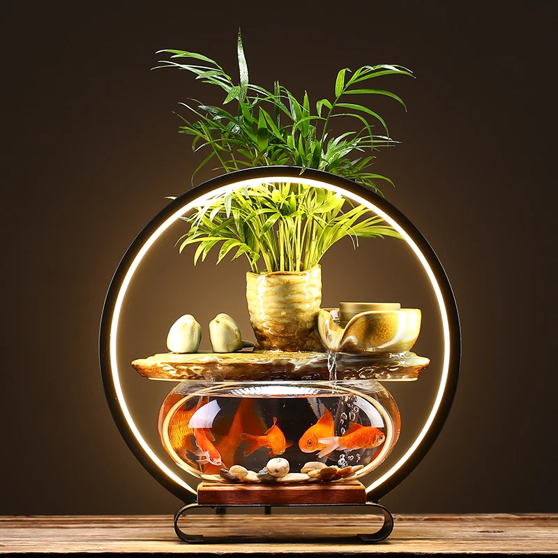 

Creative Flowing Water Ornaments Lamp Circle Fountain Landscape Feng Shui Living Room Office Desk Surface Panel Decorations