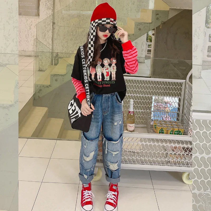 

Костюм для девочек с героями мультфильмов Новинка 2022 футболка в иностранном стиле с героями мультфильмов детский спортивный свитер джинсы ...