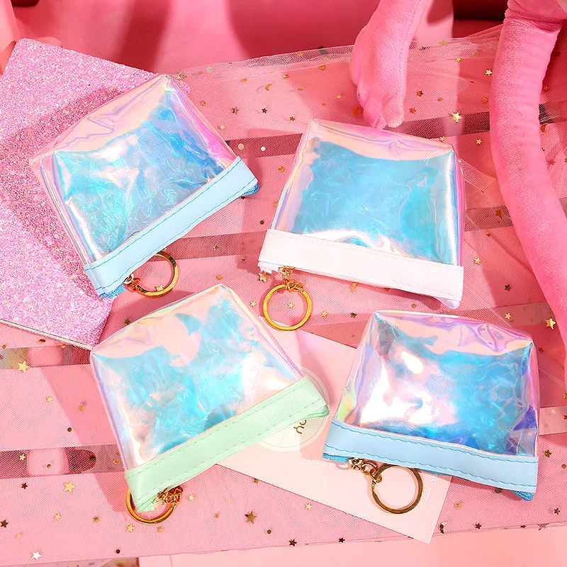 

Pink Girl Coin Purse Transparent Laser Storage Bag Ladies Compact Portable Cute Wallet Data Cable Earphone Waterproof Clutch