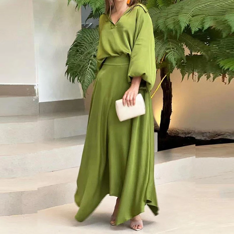 

Autumn Fashion Lantern Sleeve Tops Pullover And Loose Skirt Outfits Office Lady Elegant Solid Outfits Casual Women Two Piece Set