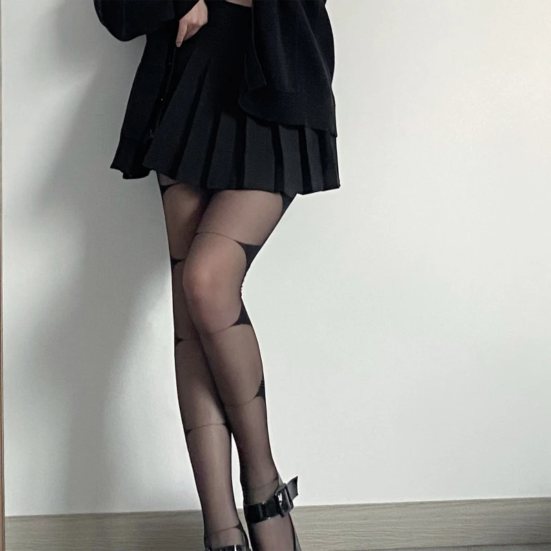 

Women Gothic Black Shadow Stitching Pantyhose Half Transparent Contrast Color Sexy Sheer Tights Thin Leg Silky Stockings