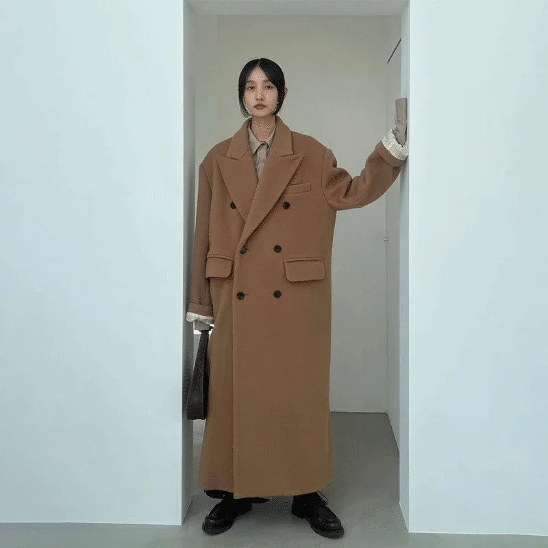 

2023 Coat Women Japanese Retro Double-breasted Autumn and Winter Extra Long Suit Collar Woolen Coat