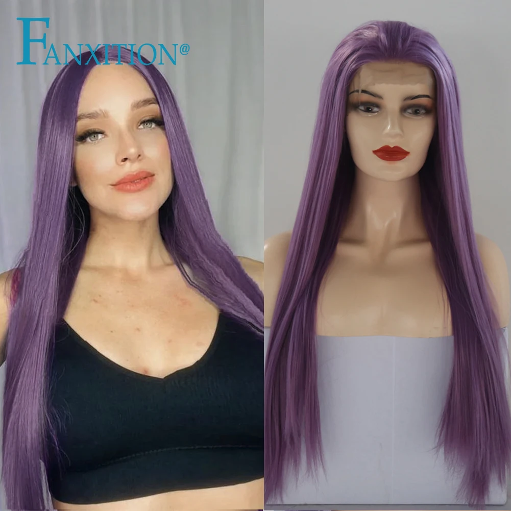 

FANXITION Synthetic Wigs Heat Resistant Fiber Pink/Purple Color Straight Lace Frontal Wigs For Black Women Middle Part Cosplay