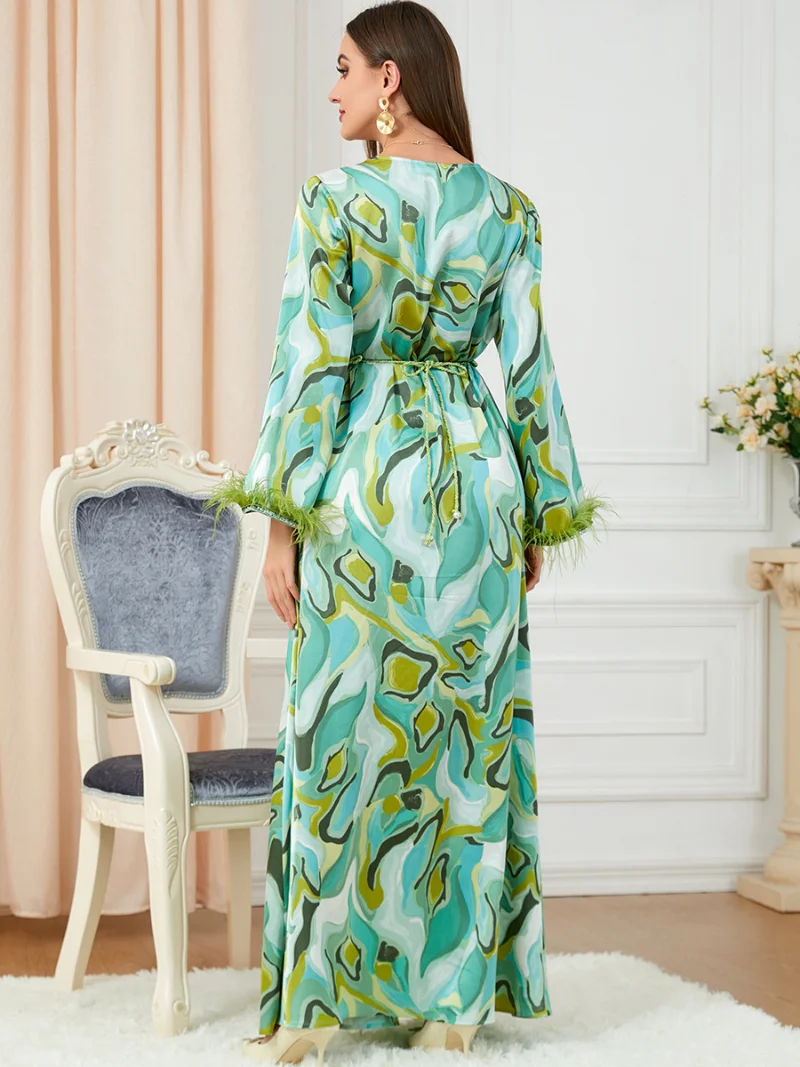 Women's Dresses Print Fall 2022 Abaya's V-Neck Feathers Long Sleeve Maxi Dress Belted Moroccan Kaftan Robe Abayat Turkish Jilbab