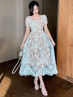 women lace dress 2022 summer square collar short sleeve see through tunic long mesh embroidery white dress