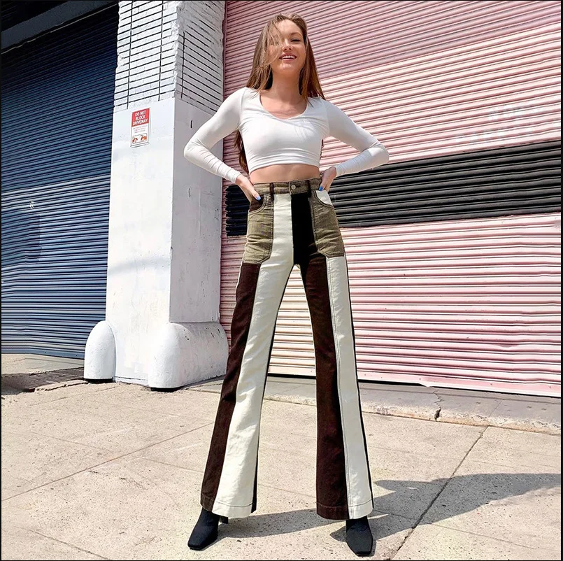 splicingPatchwork Woman Jeans Straight Casual Contrast Color Long Denim Pants Vintage Autumn Jeans Slim boot cut pant
