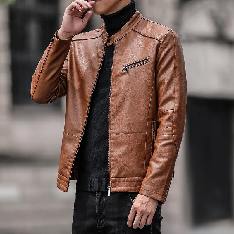 

Spring Autumn Men's Casual Versatile Leather Top Jacket Handsome Slim Fitting Standing Collar Motorcycle PU Leather Jacket