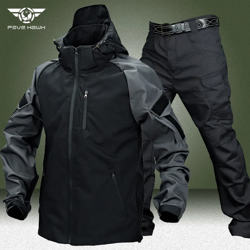 Military Tactical Sets Men Spring Autumn Outdoor Multi-pocket Wear-resistant Bomber Jacket+Straight Cargo Pant Army Hooded Suits