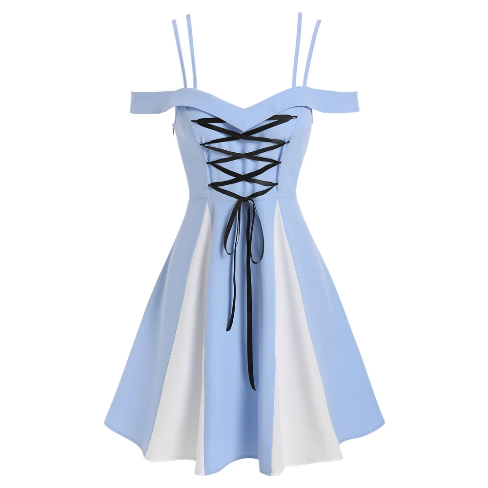 

Светильник синее лоскутное платье с открытыми плечами для девочек мини на шнуровке спереди контрастный халат женский для повседневной носки Вечерние