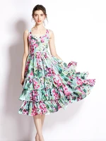 runway designer cascading ruffle cake dress party women summer floral print midi vestidos spaghetti strap holiday robe femme
