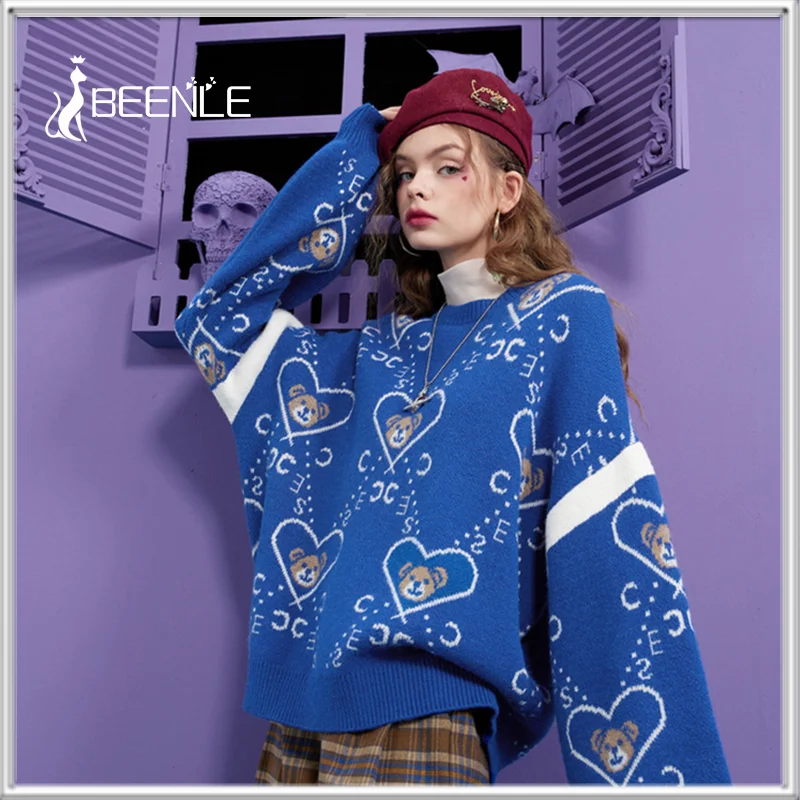 

BEENLE Sweater 2022 Spring Winter Bear Solid Lantern Sleeve Soft Ladies Sweater Long Sleeve Round Neck Pullover Women Clothing