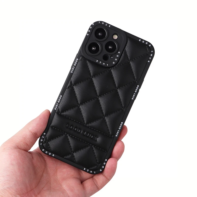 

Stereo Diamond Lattice Leather Hard Phone Case For Iphone 14 13 12 11 Pro Max Tpu Soft Side Pc Back Drop Protection Cover