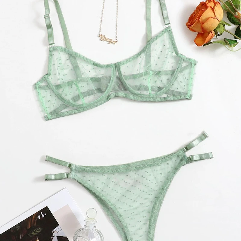 

Dot Mesh Lace Lingerie Set Underwire See Through Brassiere Sexy Underwear Bra and Panty Transparent Intimate lingerie set sexy