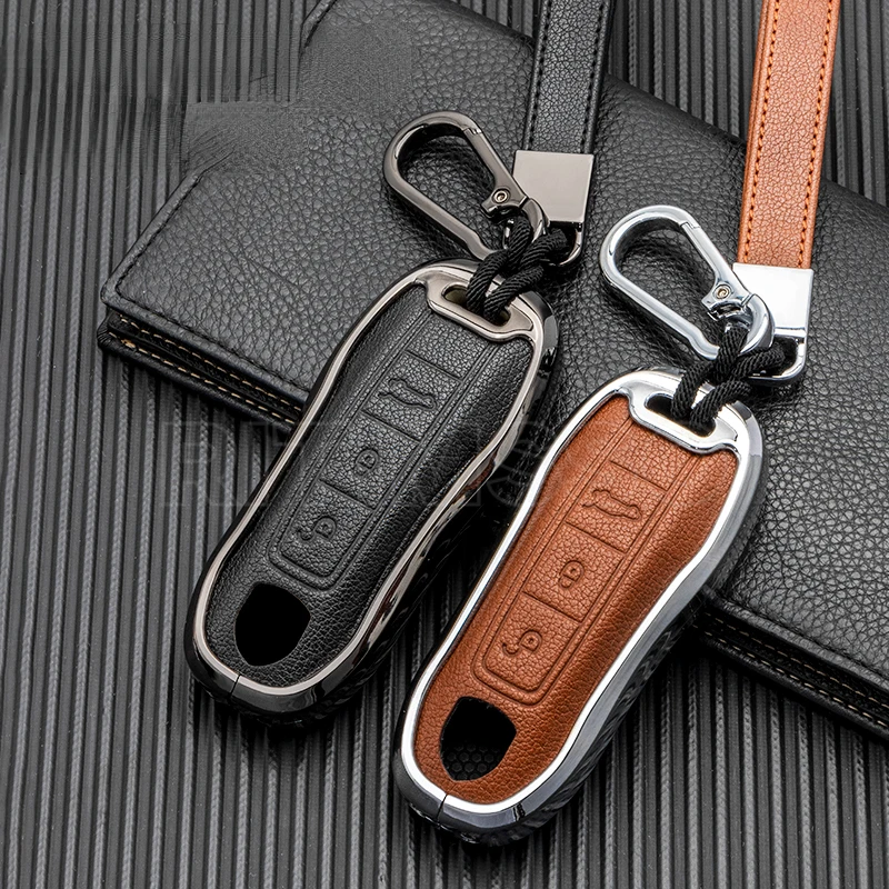 

Alloy+Leather Car Key Cover Case Bag Shell Holder for Porsche Macan 911 Panamera Cayenne Carrera Taycan Protector Accessories