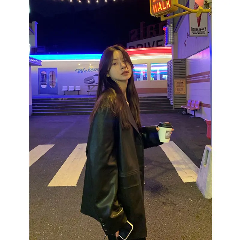 Loose Korean Casual Oversize Cool Fashion Design Retro Pu Leather Suit Jacket Women Brown Korean Girl Autumn Winter Clothes
