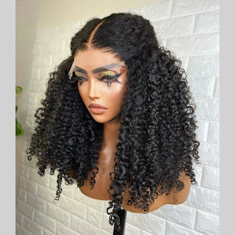 

Kinky Curly Natural Black Soft 26Inch Long Synthetic Lace Front Wig for Women BabyHair Glueless Preplucked Daily Heat Resistant