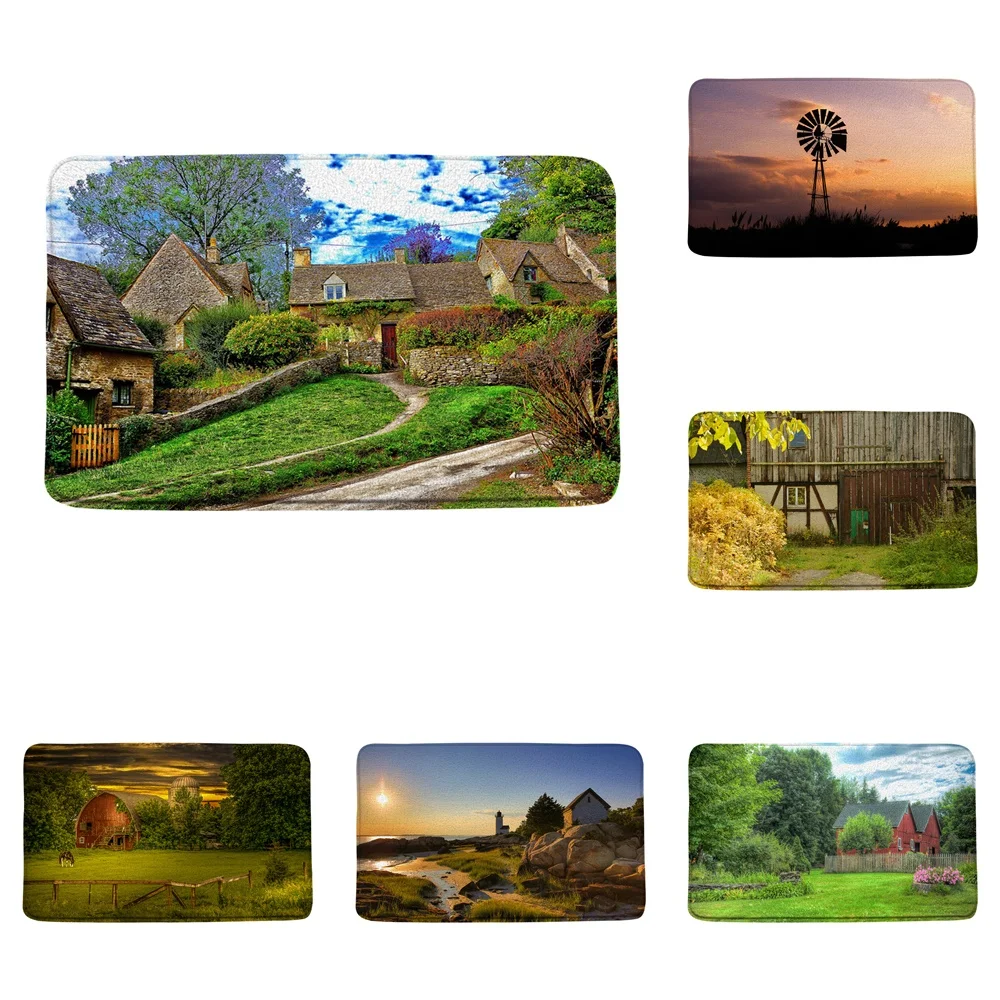 

Country Stone House Scenery Bathroom Carpet Bath Mats 3D Farm Farmhouse Sunset Windmill Forest Trees Floor Rugs Non-slip Doormat