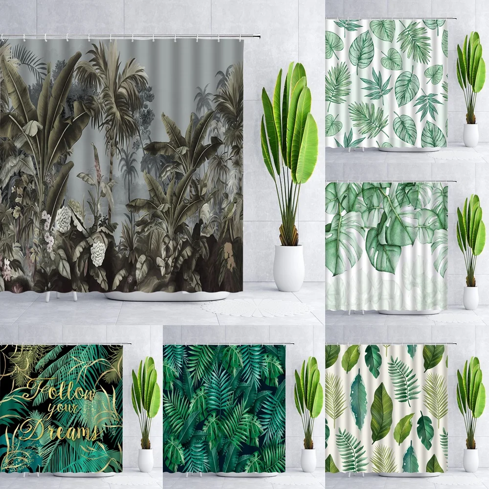 

Palm Tree Jungle Plant Shower Curtain for Bathroom Decor Tropical Green Leaves Bath Curtains Waterproof Fabric Screen with Hooks