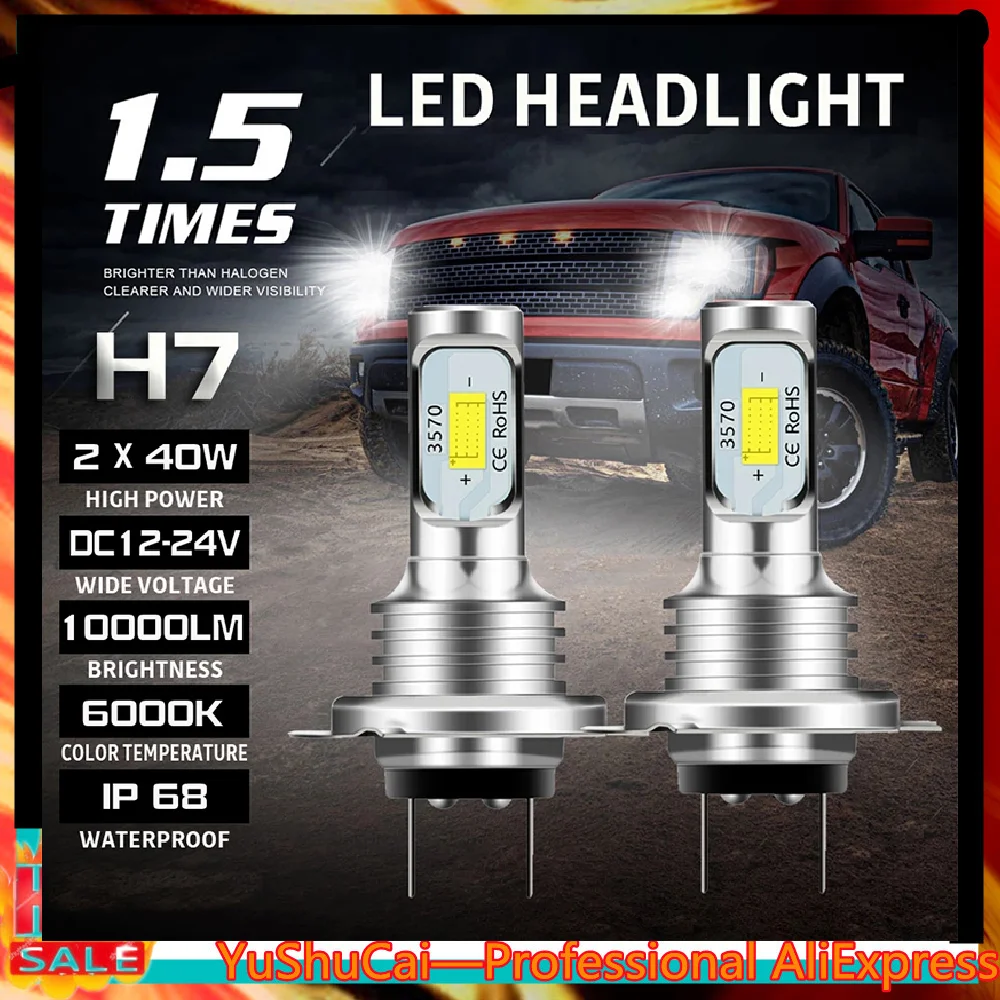 

H7 Led Canbus Car Headlight Low Beam High Beam Headlights bulb H7 360° Beam Bulbs 6000K IP 68 CSP 3570 LED Chips 2 pcs