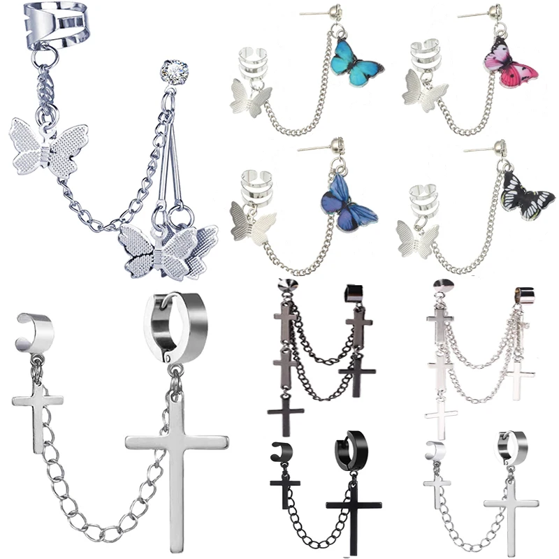 

Women Girls Punk One-piece Earrings Butterfly Cross Pendant Tassel Clip Earrings Ear Studs Alloy Dangle Earring Jewelry Gift