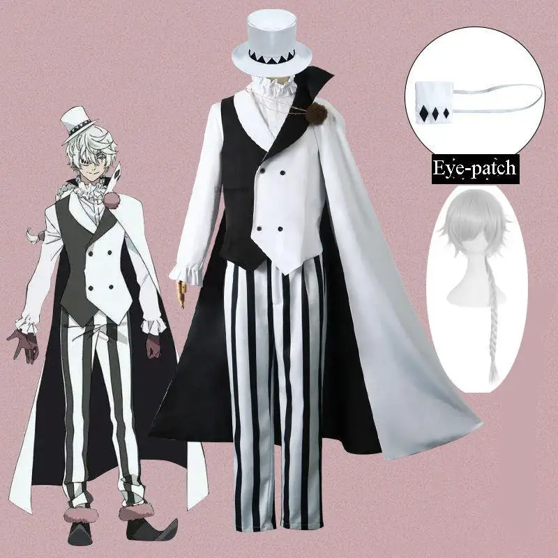 

Bungo Stray Dogs Season 4 Nikolai Gogol Cosplay Costume Hat Wig Cloak Anime The Overcoat White Black Uniform Gloves Eye Patch