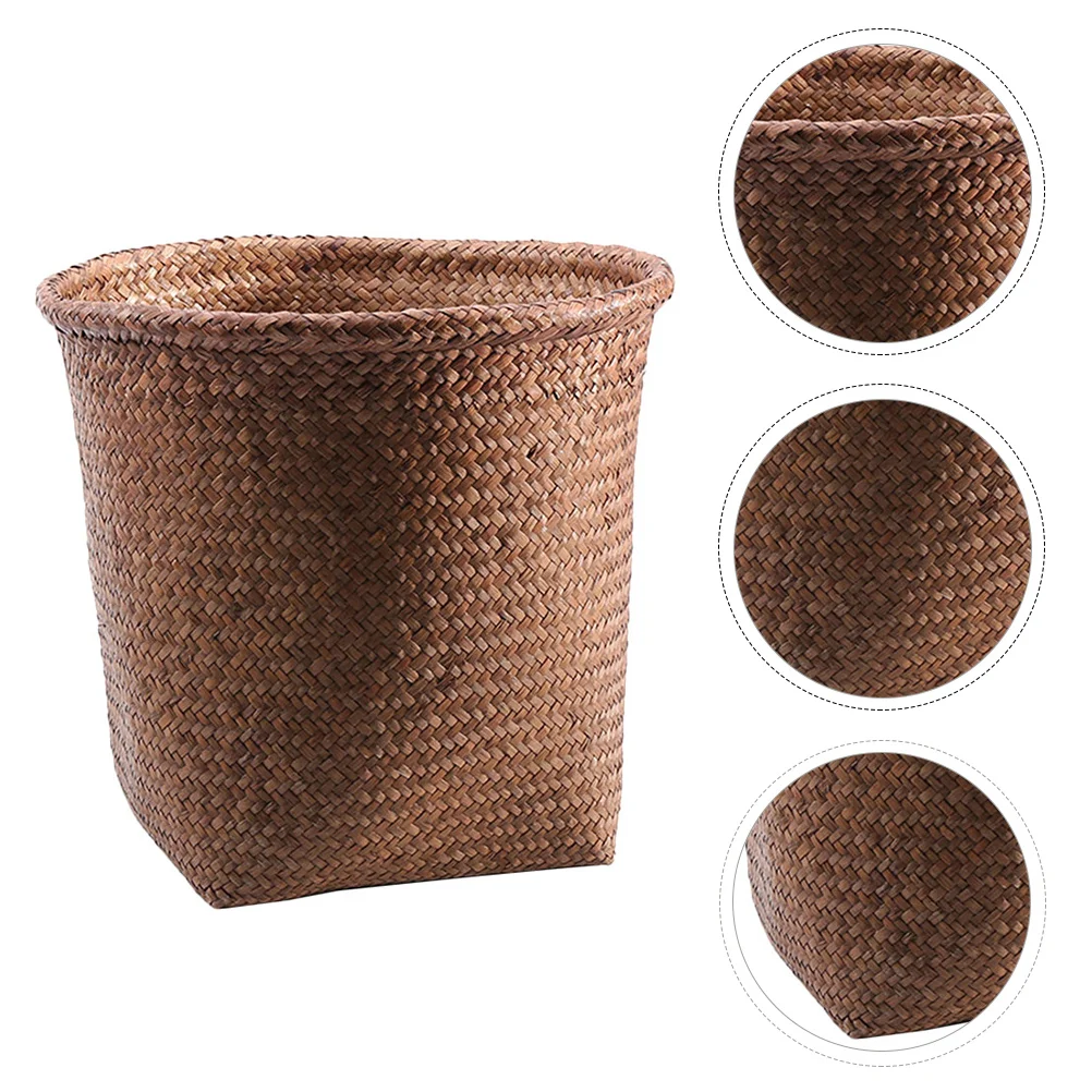 

Mini Laundry Basket Home Trash Office Container Round Lid Basket Cattail Grass Large Makeup Storage Organizer