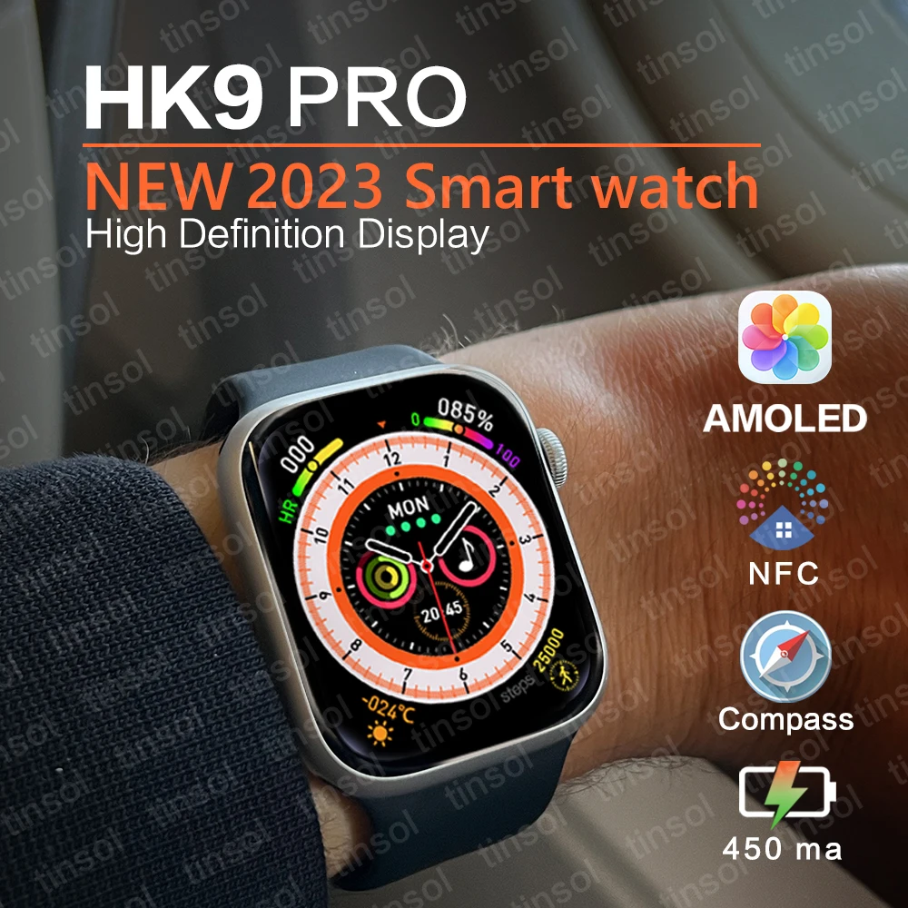 

New HK9 PRO Smart Watch Series 8 2.02" AMOLED Infinite Screen Compass Heart Rate NFC 500+dials Pedometer Women Men Sports Watch