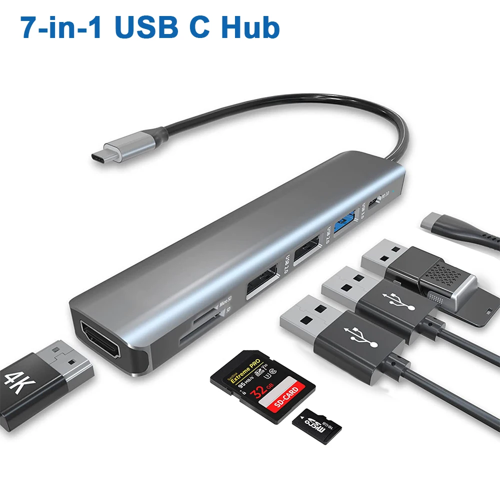 USB C Hub 7 in 1 USB C To 4K HDMI 100W PD Charger SD/TF Card Reader USB C Dock for MacBook Pro/Air Thunderbolt 3 USB Adapter Hub