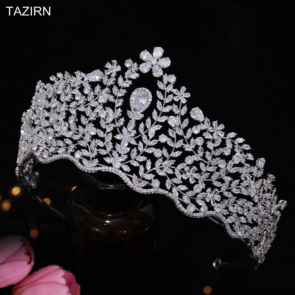 

Luxury AAA Cubic Zirconia Large Tiaras and Crowns for Bride CZ Princess Bridal Floral Headpiece Arabic Dubai Women Hair Jewelry