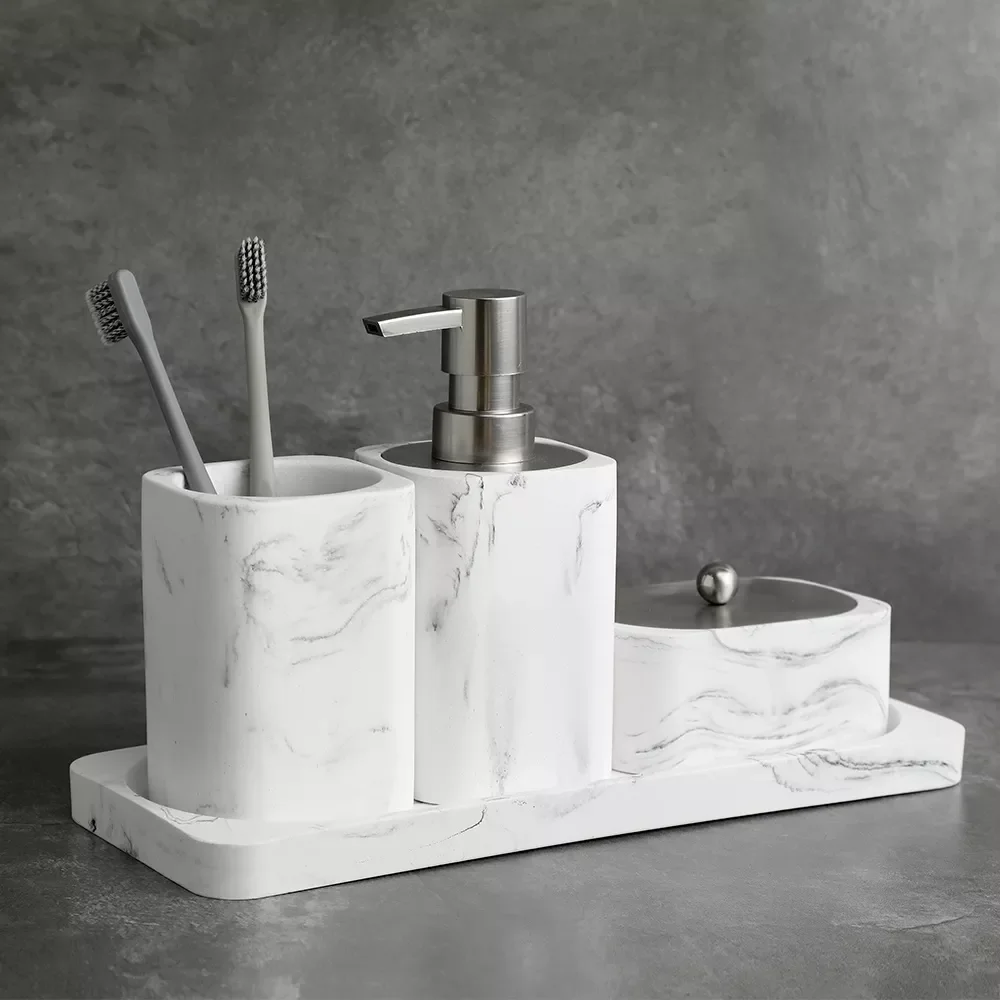 

NEW Bathroom Accessory Sets Or Single Marble Look Includes Lotion Dispenser Soap Pump Tumbler Saop dish Cotton swab box and Tra