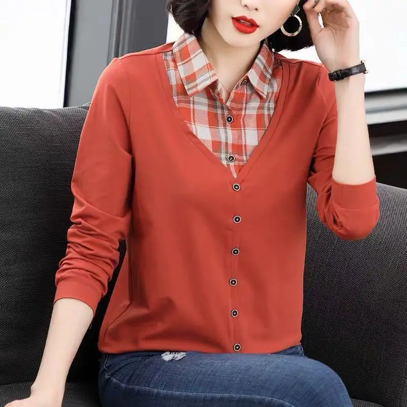 

Женская рубашка в клетку, с длинным рукавом и отложным воротником