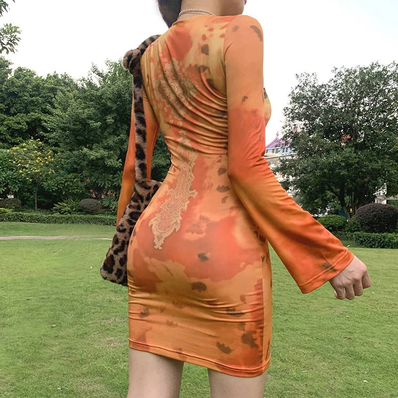 

2022 Summer Retro Women Color Block Sheath Dress, Adults Abstract Print Long Sleeve Round Neck 1-piece