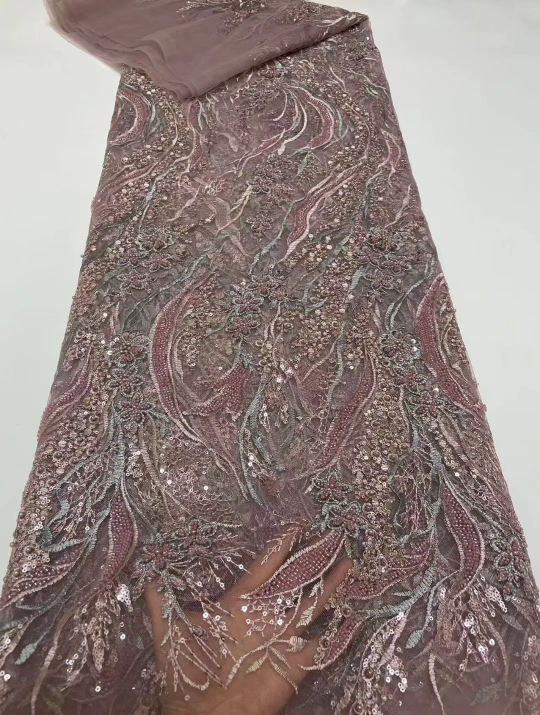 

Africa Lace Fabric High Quality 2022 Pearls Beaded Lace Fabric Sequins Embroidered Tulle Fabrics For Dresses Sewing