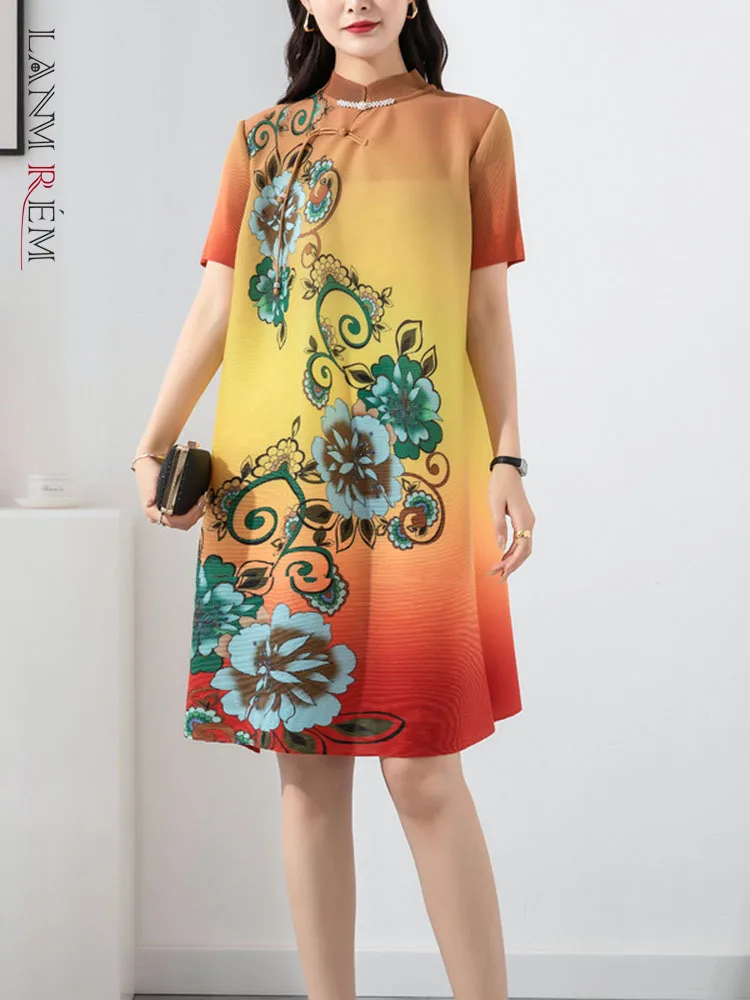 

LANMREM Vintage Pleated Dress Women Flower Printing Stand Collar Short Sleeves Loose Dresses Female Fashion 2022 Summer 2R2245