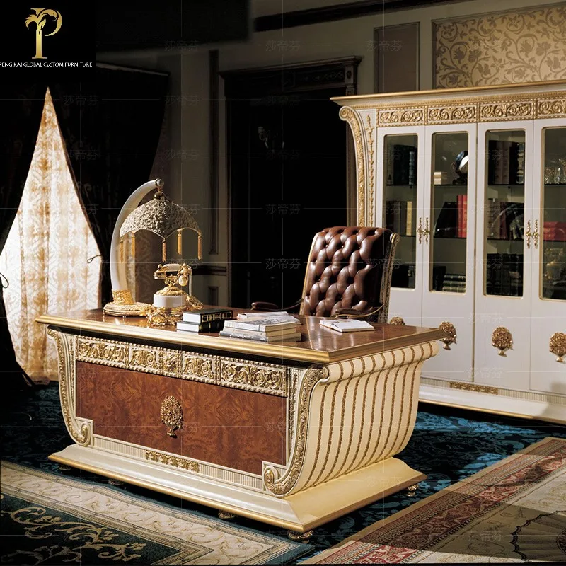 

Luxury Italian boss writing desk European luxury solid wood carved French villa high-end desk